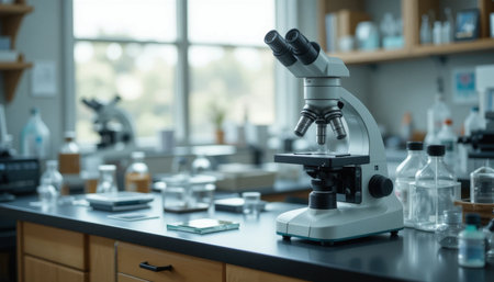 Laboratory bench showcases a microscope surrounded by glass jars, slides, and lab equipment bathed in sunlight.の素材