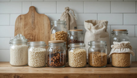 Various glass jars filled with grains and nuts are arranged on a wooden kitchen table, creating a warm atmosphere.の素材