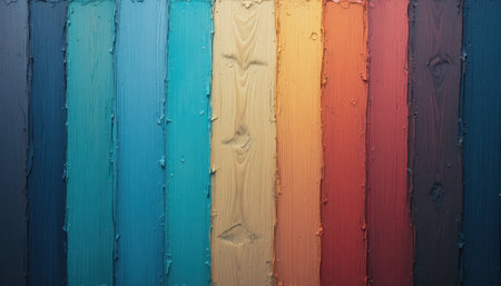 Multiple wooden planks painted in various bright colors are arranged vertically, showing a vibrant art piece.の素材