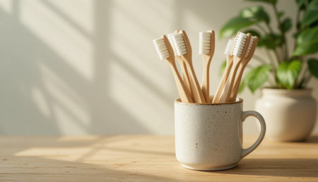 Bamboo toothbrushes stand tall in a cup, softly illuminated by morning light, with lush greenery in the background.の素材