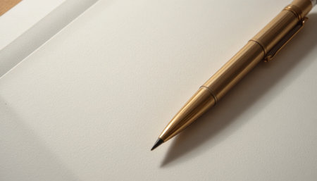 Gold pen positioned near blank paper, evoking inspiration and creativity for writing or drawing.の素材