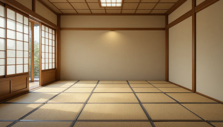 Spacious room features tatami flooring and sliding shoji doors allowing sunlight to brighten the space.の素材