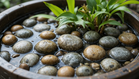 Smooth stones sit under calm water, surrounded by fresh green plants, adding tranquility to the garden scene.の素材