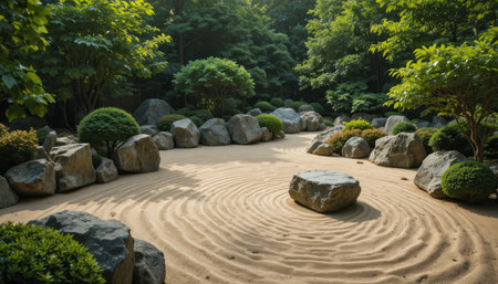 A peaceful Zen garden features raked sand patterns, natural stones, and vibrant green plants under soft sunlight.の素材