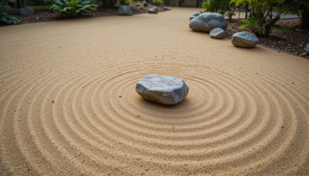 A smooth rock sits at the center of gently raked sand, creating calming circular patterns in a serene garden setting.の素材