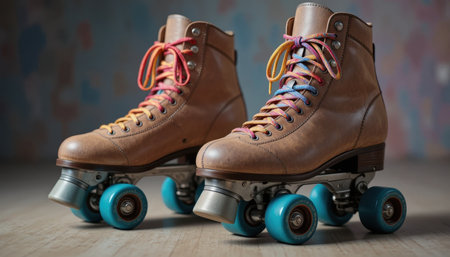 Retro-style roller skates feature brown leather and vibrant laces set against a softly lit background.の素材