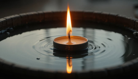 A flickering candle floats peacefully on still water, creating a serene atmosphere in a relaxing environment.の素材