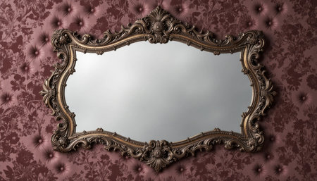 A beautiful ornate mirror is mounted on a textured burgundy wall with floral patterns, creating a luxurious ambiance.の素材