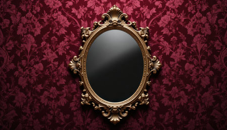 A vintage mirror stands out on ornate red floral wallpaper, embodied classic elegance.の素材