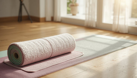 Yoga mat lies neatly rolled on a soft surface, bathed in sunlight, creating a calm atmosphere for practice.の素材