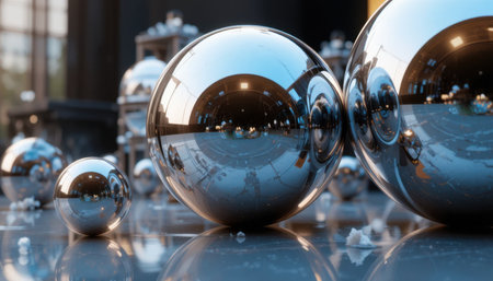 Metallic spheres of various sizes capture and reflect a vibrant indoor environment filled with soft lighting.の素材
