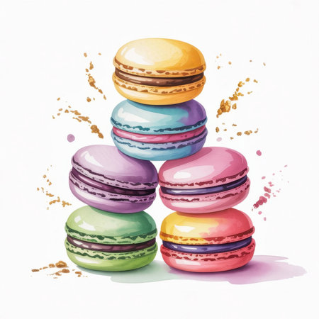 A vibrant watercolor of a delicious macaron stack showcases dessert perfection.の素材