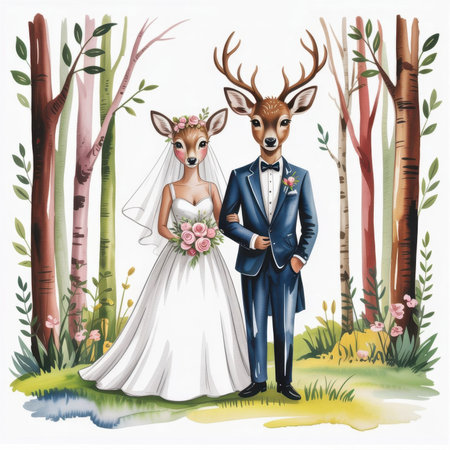 Whimsical watercolor artwork shows a deer couple in wedding attire surrounded by trees and flowers in a serene setting.の素材
