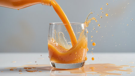 Fresh orange juice is being poured into a glass, causing splashes and spills on the surface underneath.の素材