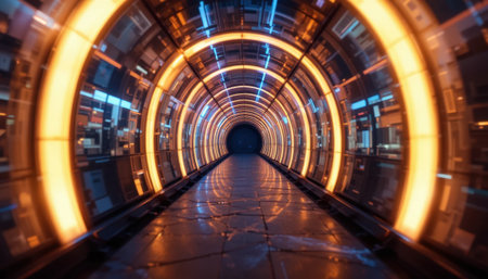 A modern tunnel features glowing circular lights and a polished floor, creating a captivating atmosphere.の素材
