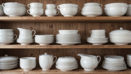 Neatly arranged white ceramic dishware fills wooden shelves, creating a warm and inviting kitchen atmosphere.の素材