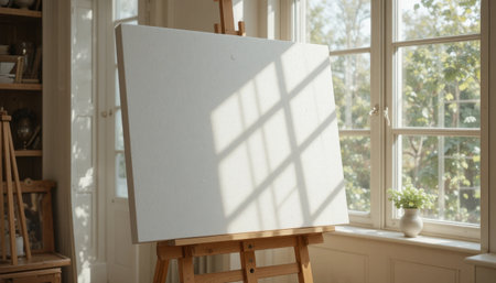 Sunlight filters through the windows, casting shadows on an empty easel in a peaceful studio setting.の素材