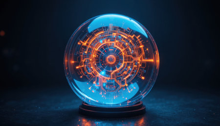 A glowing sphere showcases detailed circuit patterns, illuminating a dark background with vibrant colors.の素材