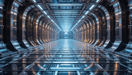 A sleek corridor features metallic walls, bright lights, and a glowing exit, creating a high-tech atmosphere.の素材