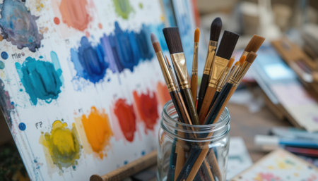 A collection of paintbrushes is arranged in a jar beside a palette displaying vivid colors ready for painting.の素材