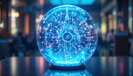 A glowing digital orb displays intricate circuit designs in a contemporary space, creating a captivating ambiance.の素材