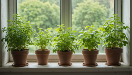 Five potted plants thrive on a sunny windowsill, with lush greenery visible outside, creating a peaceful scene.の素材