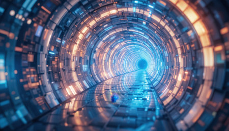 A futuristic tunnel shines with bright lights and vibrant colors, creating a captivating scene.の素材