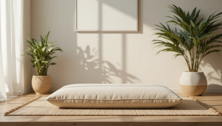 A tranquil room has a big cushion on a wooden floor, sunlight pouring in, and green plants nearby.の素材