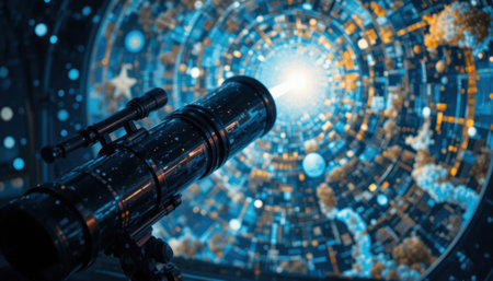 A telescope points towards a bright, swirling cosmic scene filled with stars and vibrant structures.の素材