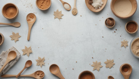 Spices and ingredients are neatly placed on a blue countertop, with wooden spoons and leaves for a natural touch.の素材