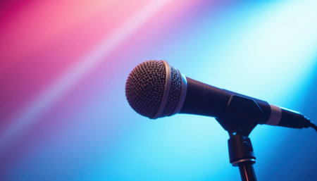 The microphone stands poised for a performance, illuminated by vibrant stage lights in shades of pink and blue.の素材