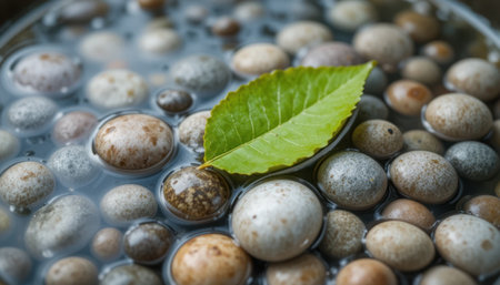 A green leaf floats gently on a collection of smooth stones in clear water, creating a tranquil atmosphere.の素材