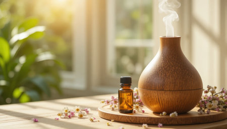 Soft sunlight illuminates an essential oil diffuser beside a small bottle, creating a calm and serene environment.の素材