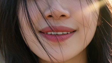 A warm smile shines through loose hair with sunlight creating a soft glow, capturing a serene moment outdoors.の素材