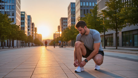 Man crouches to tie his shoe while preparing for a morning jog through a vibrant urban environment.の素材