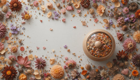 Brightly colored flowers and dried petals surround a wooden container filled with decorative items on a light surface.の素材