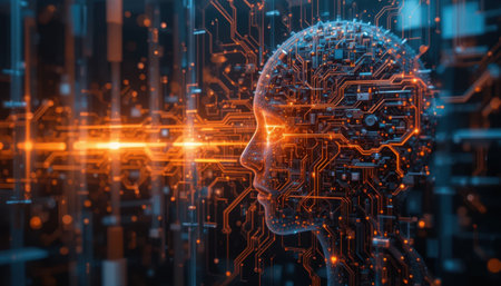 A digital human silhouette with intricate circuitry glows in luminous colors, showcasing technology's impact on society.の素材