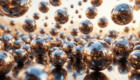 Numerous reflective silver spheres float in a warm, bright space, creating a mesmerizing scene filled with light.の素材
