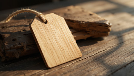 A wooden tag lies on a weathered wooden surface, illuminated by soft sunlight, highlighting its texture and grain.の素材