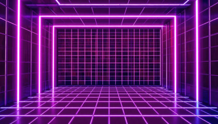 Neon lights create a vibrant atmosphere with glowing grid patterns on walls and floor in a futuristic space.の素材