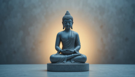 A tranquil Buddha statue sits cross-legged in soft blue light, creating a peaceful ambiance in the room.の素材