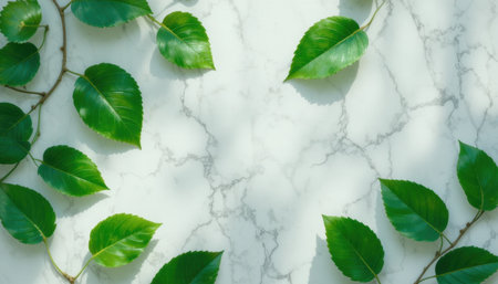 Fresh green leaves are placed on a smooth marble surface, creating a calm and serene atmosphere with subtle shadows.の素材