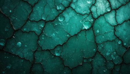 A detailed close-up of a cracked teal surface featuring droplets, showing natural patterns and textures.の素材