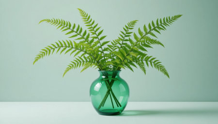 A beautiful green vase holds fresh ferns against a calming backdrop, adding a touch of nature to the space.の素材