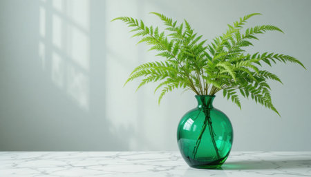 Bright green fern arranged in a glass vase sits on a marble table, illuminated by gentle natural light.の素材