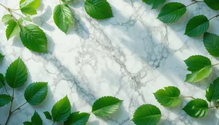 Bright green leaves arranged on a marble surface create a calming, natural look with soft shadows.の素材
