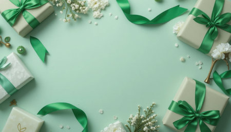 Soft-colored gifts with green ribbons and flowers are arranged on a blue surface with decorative accents.の素材