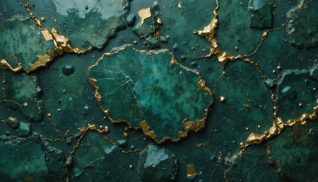 Rich green marble with striking golden veins is showcased against a textured background, revealing elegance and depth.の素材