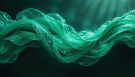 Fluid green fabric flows gracefully, illuminated by soft light in an ethereal underwater setting.の素材