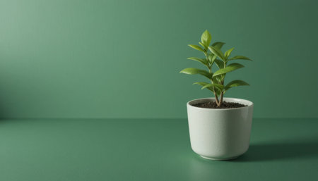 A small green plant in a white pot sits on a smooth green surface, showing a simple and modern decor style.の素材